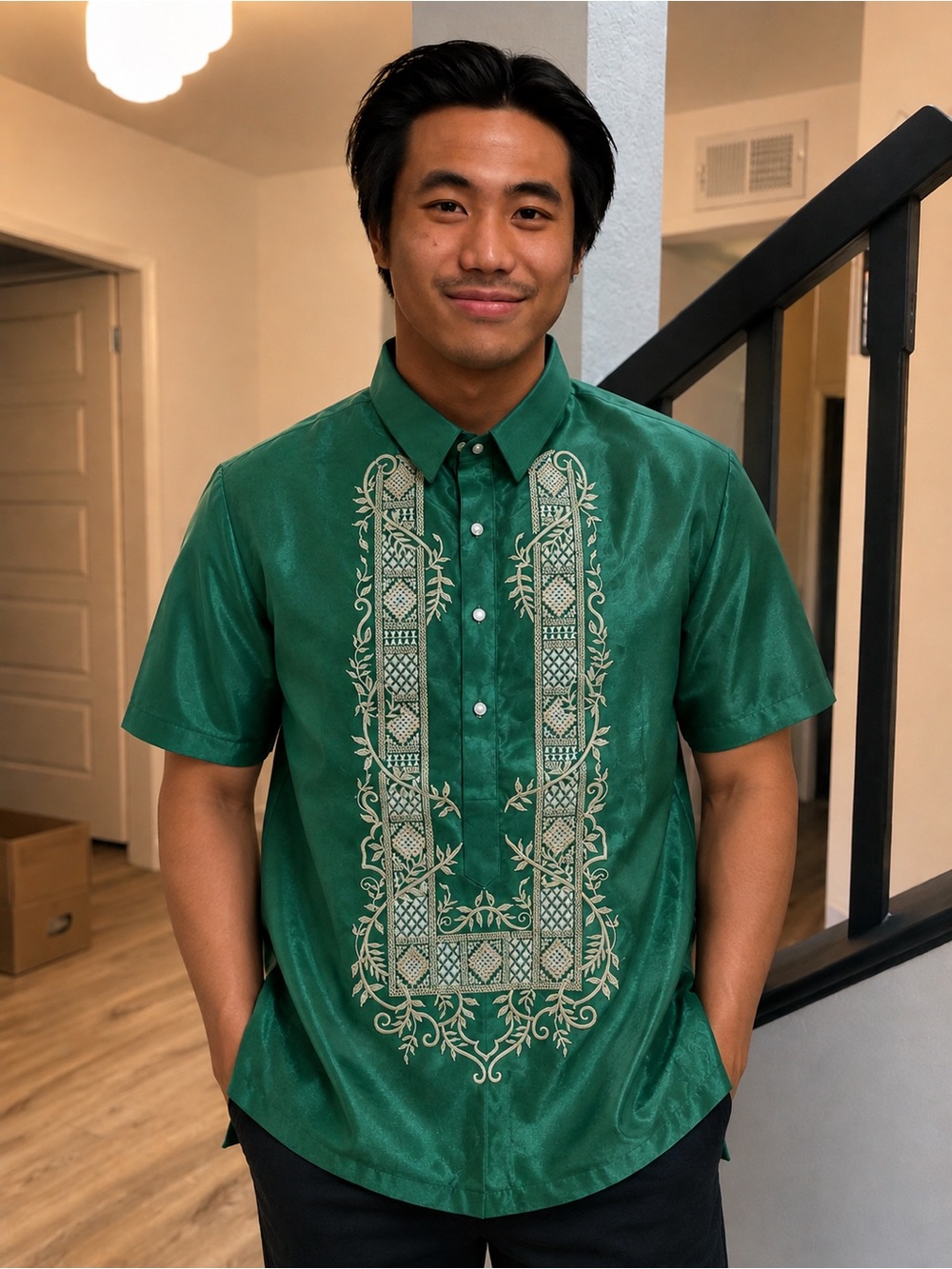 Men's Green Embroidered Barong Tagalog Short Sleeve Shirt